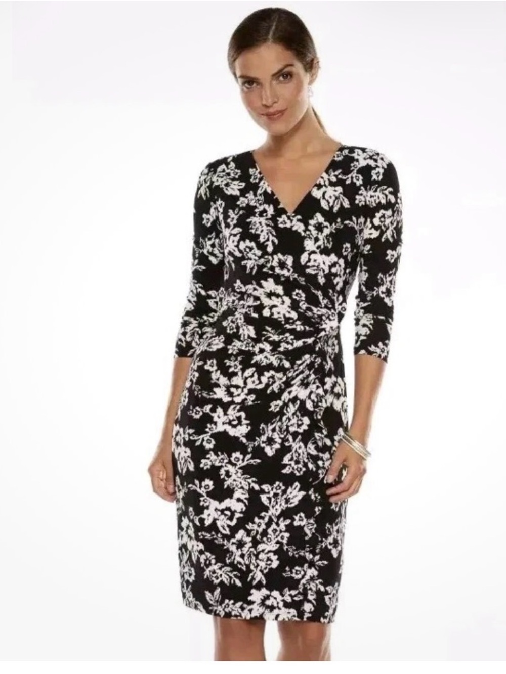 Chaps Ralph Lauren Black and White Floral Faux Wrap-Style 3/4 Sleeve Dress